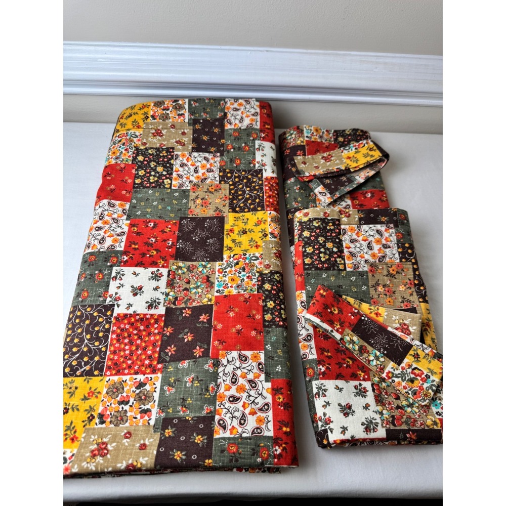 Vintage Patchwork Cotton Shower & Window Curtain Set Floral 70s Calico Pront - Picture 11 of 12